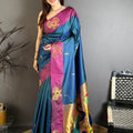 Navy Blue Soft Silk Saree with Magenta Border Designer Pallu