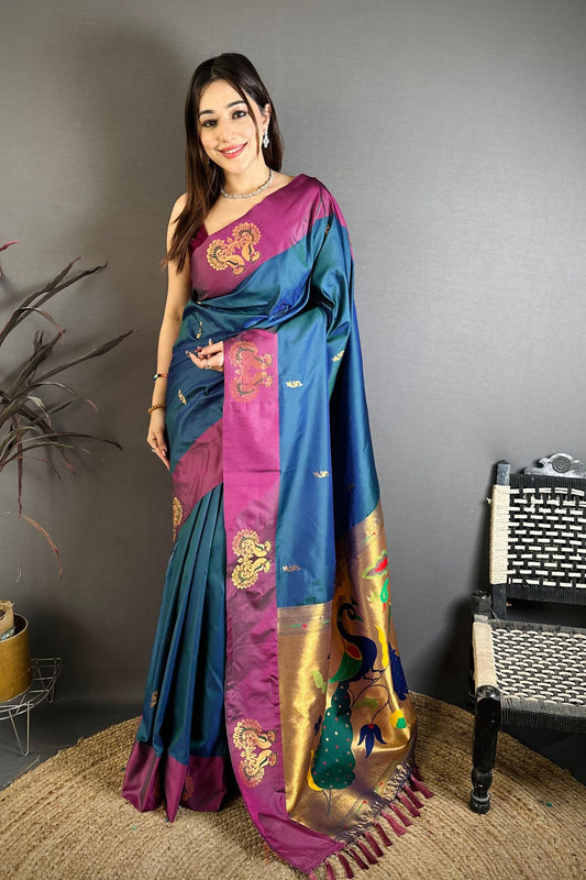 Navy Blue Soft Silk Saree with Magenta Border Designer Pallu