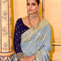 Light Blue Banarasi Silk Saree with Rich Golden Zari Contrasting Blouse