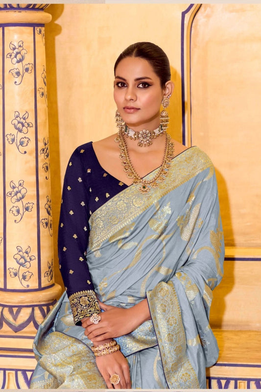 Light Blue Banarasi Silk Saree with Rich Golden Zari Contrasting Blouse