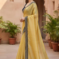 Mustard Yellow Organza Saree Designer Black Border Sleeveless Blouse