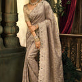 Grey Organza Silk Saree Heavy Thread Stone Embroidery Designer Blouse 