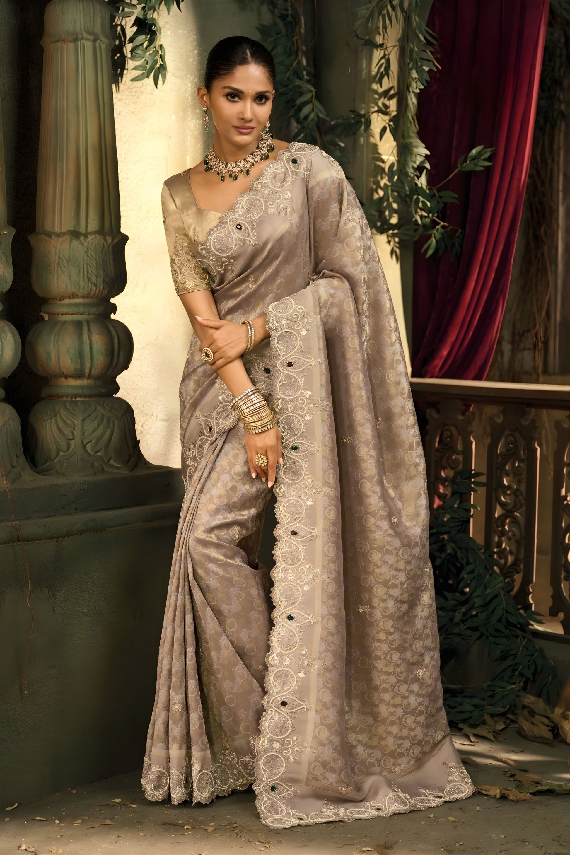 Grey Organza Silk Saree Heavy Thread Stone Embroidery Designer Blouse 