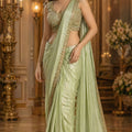  Green Satin Silk Saree Heavy Mirror Embroidered Designer Blouse 