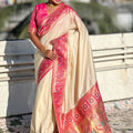 Cream Paithani Silk Saree Rich Pink Zari Border Designer Floral Peacock Pallu