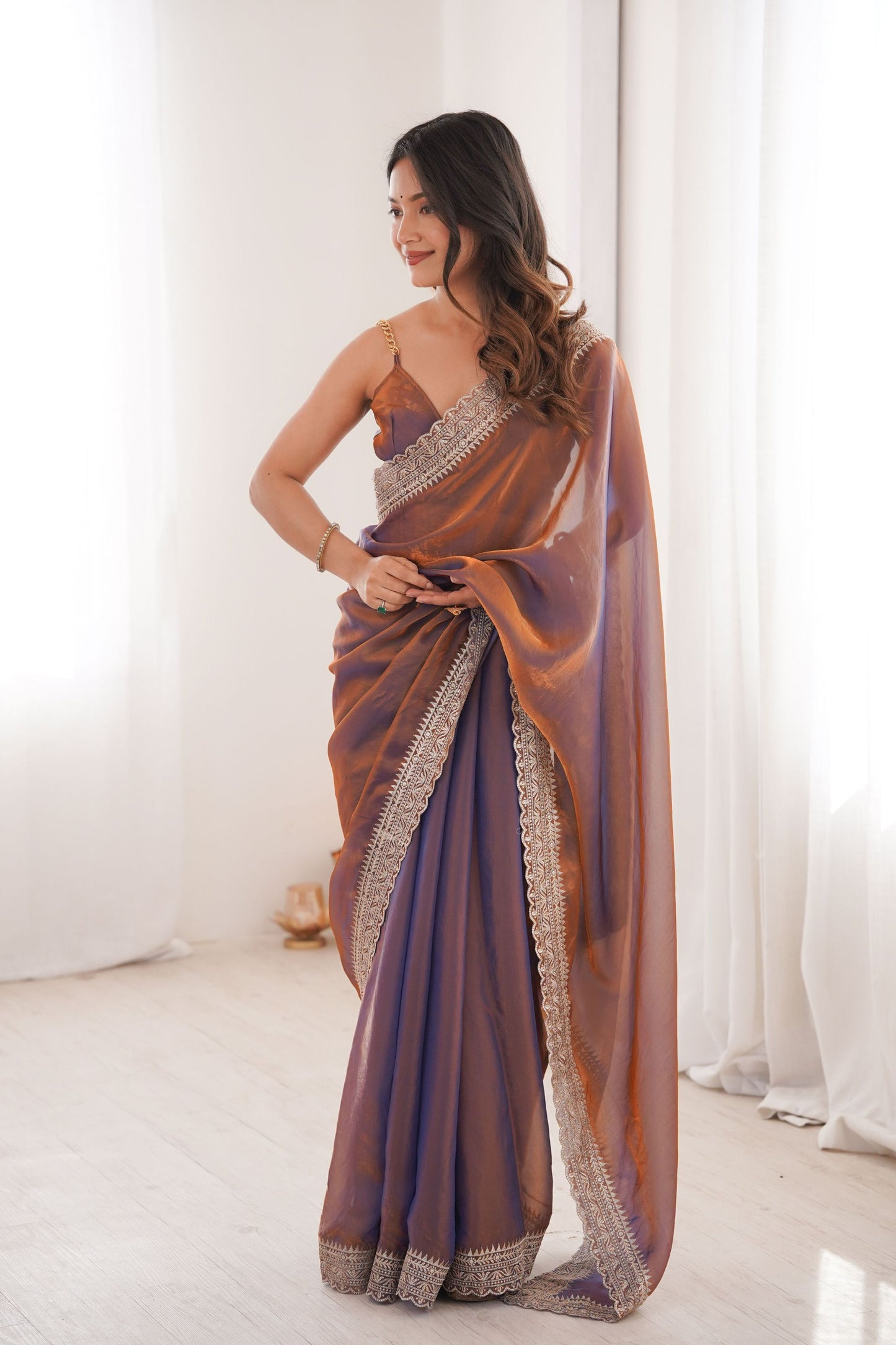 Dual Tone Purple Copper Organza Saree Designer Embroidered Border