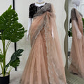 Peach Embroidered Net Designer Saree with Sequins Work Blouse