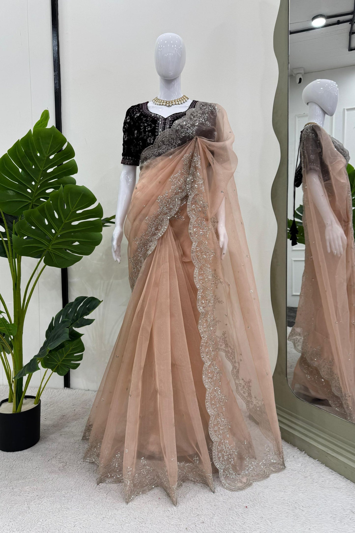 Peach Embroidered Net Designer Saree with Sequins Work Blouse