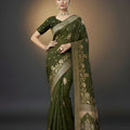 Olive Green Silk Saree with Gold Zari Floral Border Traditional Wear Saree
