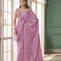 Elegant Lavender Net Embroidered Saree with Matching Blouse for Wedding Party Wear