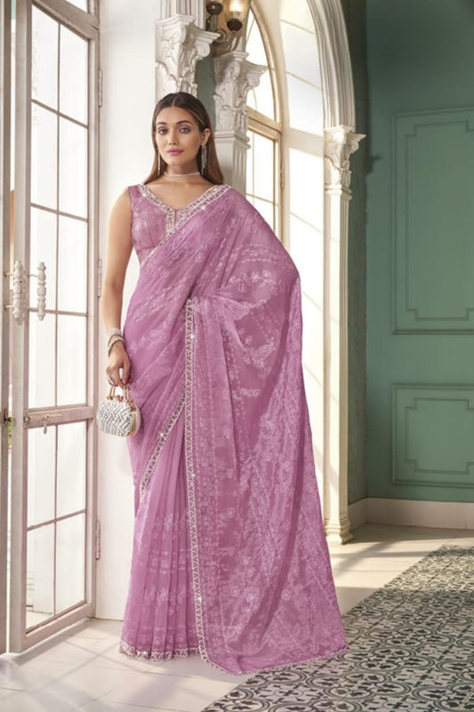 Elegant Lavender Net Embroidered Saree with Matching Blouse for Wedding Party Wear