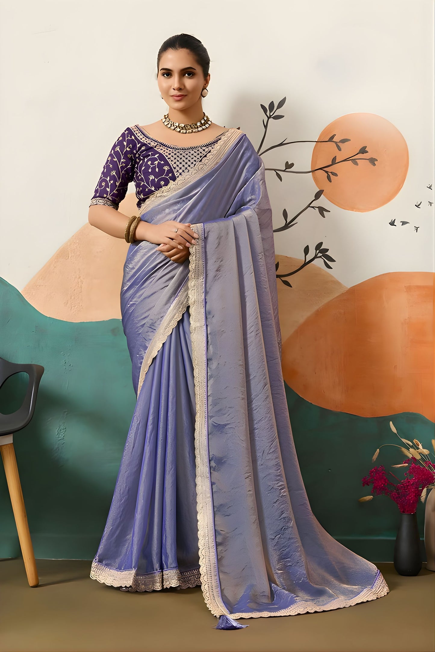 Lavender Silk Saree Gold Zari Border Designer Blouse Party Wear