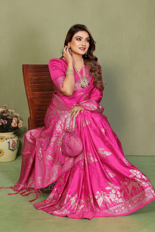Rani Pink Banarasi Silk Saree with Rich Zari Weaving Blouse Piece