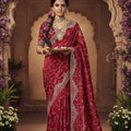 Elegant Red Velvet Saree with Designer Blouse Piece