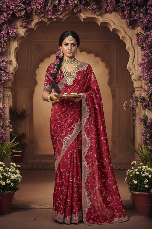 Elegant Red Velvet Saree with Designer Blouse Piece