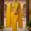Designer Mustard Yellow Draped Saree with Embroidered Blouse Cape Sleeves