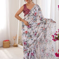 Elegant White Floral Printed Linen Saree with Designer Lace Border