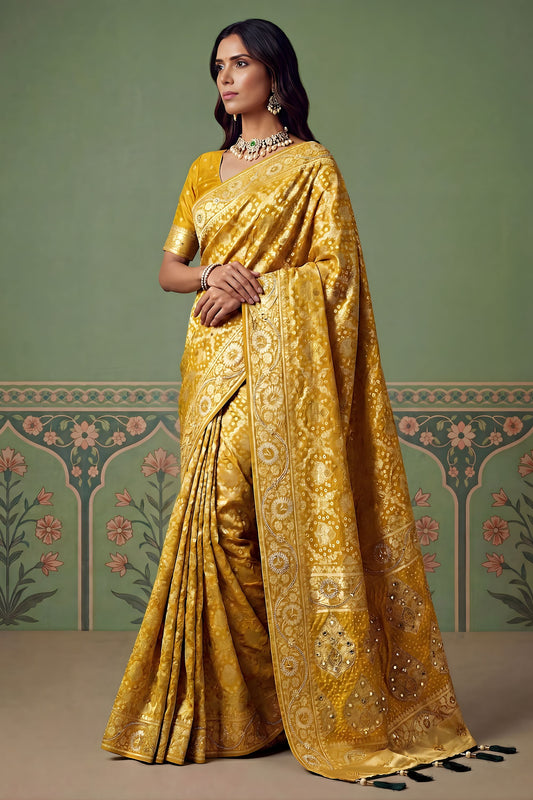 Royal Mustard Yellow Heavy Embroidered Banarasi Silk Saree