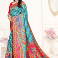 Teal Blue Multicolor Printed Saree Paisley Design Designer Saree