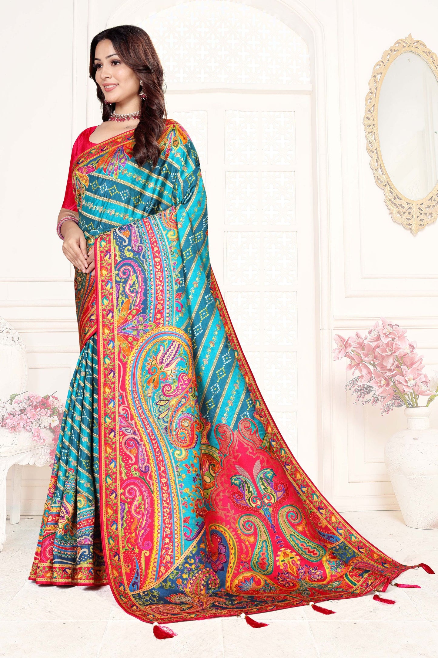Teal Blue Multicolor Printed Saree Paisley Design Designer Saree