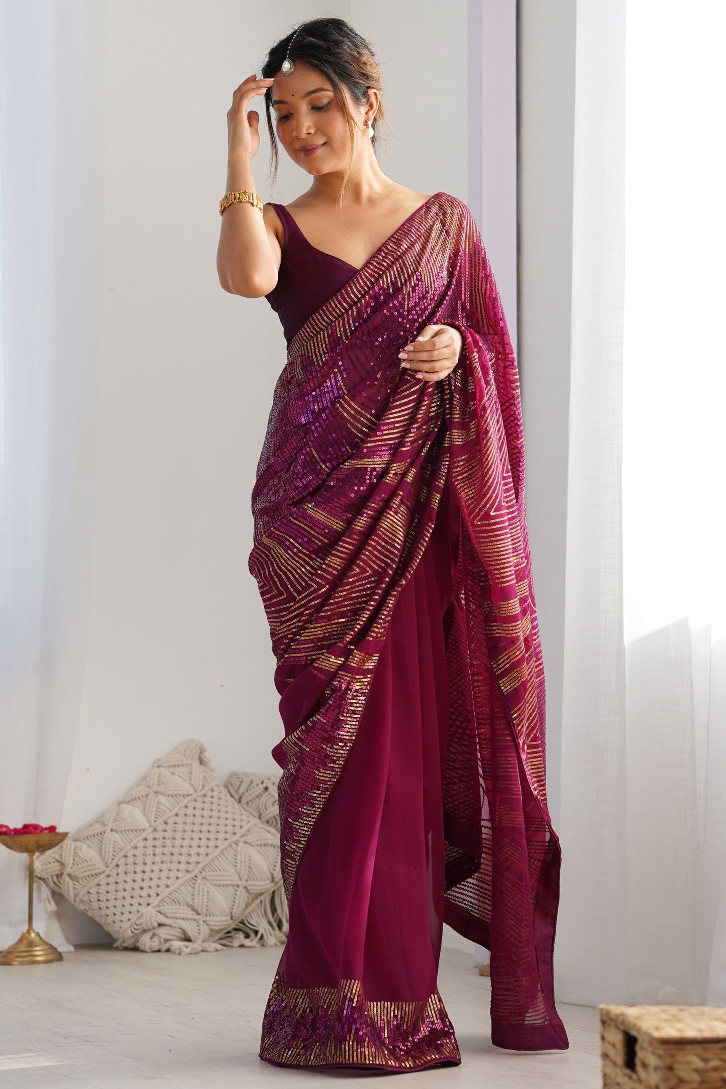 Designer Wine Colour Georgette Saree Party Wear
