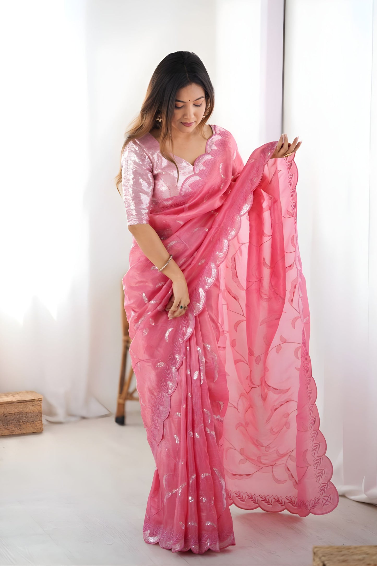 Pink Organza Saree Silver Floral Embroidery Designer Scalloped Border