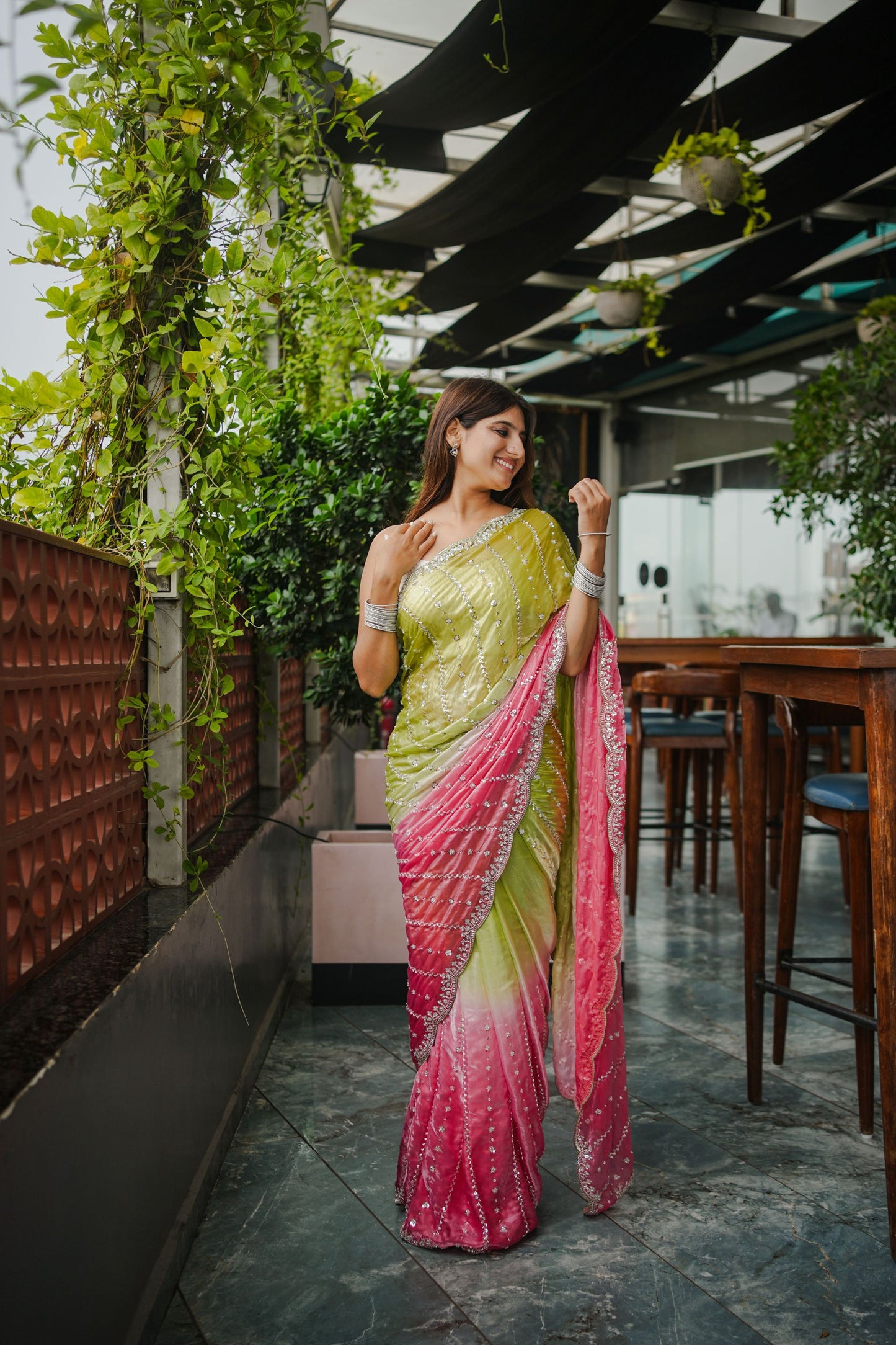 Lime Green Pink Ombre Sequins Saree with Designer Blouse Party Wear