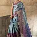 Sky Blue Banarasi Silk Saree Purple Zari Border Floral Weaving Saree