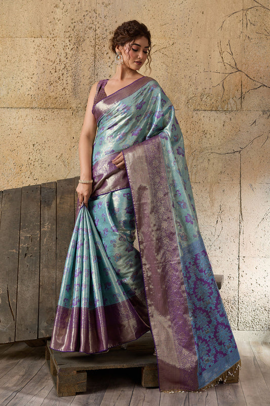 Sky Blue Banarasi Silk Saree Purple Zari Border Floral Weaving Saree