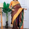 Brown Kanjivaram Silk Saree Gold Zari Border Contrast Green Pallu