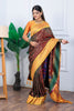 Brown Kanjivaram Silk Saree Gold Zari Border Contrast Green Pallu