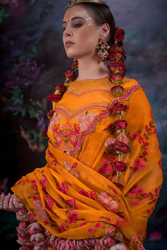 Mustard Yellow Floral Embroidered Saree Designer Blouse