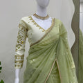 Olive Green Organza Silk Saree Sequin Embroidered Designer Blouse