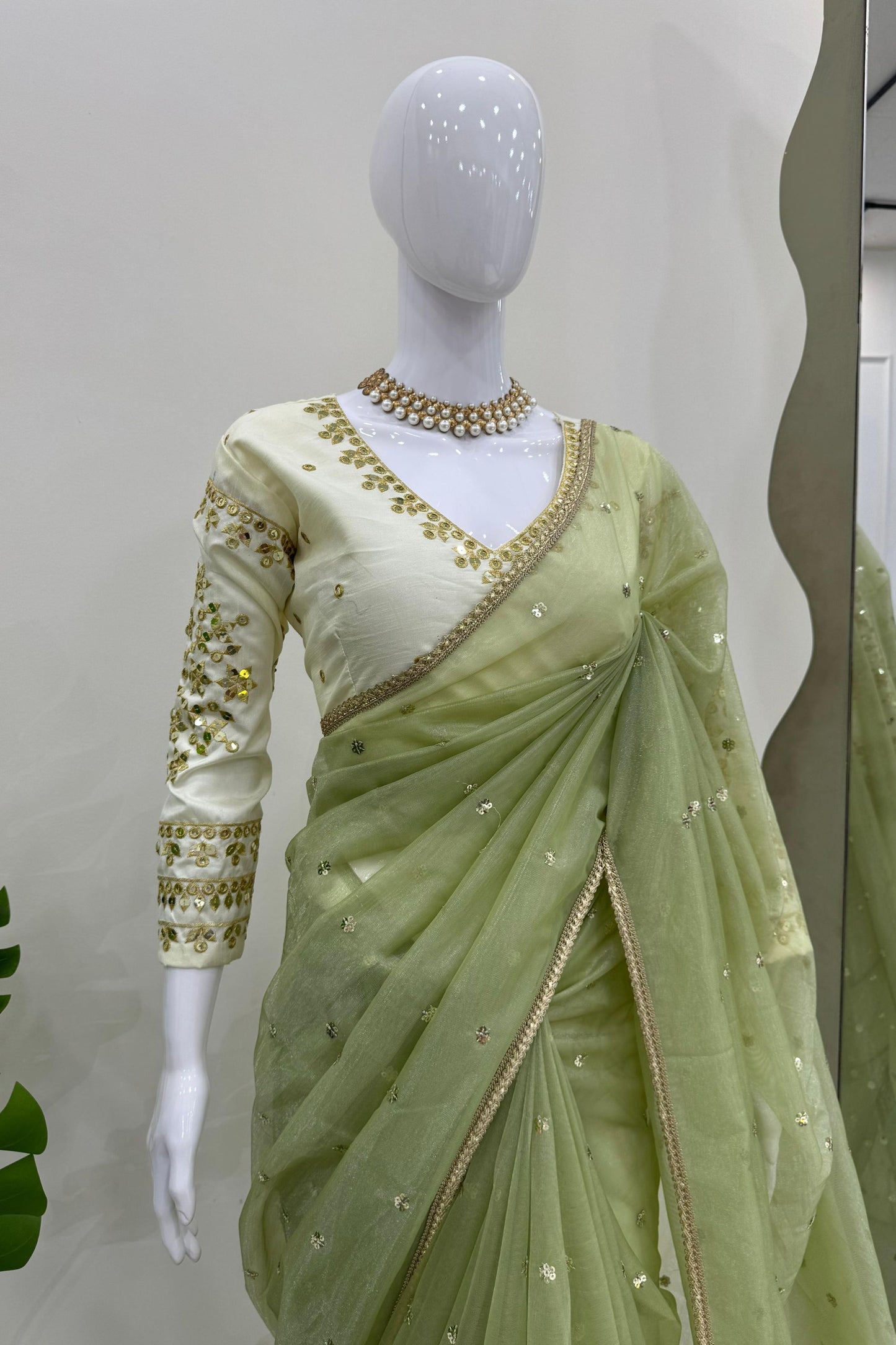 Olive Green Organza Silk Saree Sequin Embroidered Designer Blouse