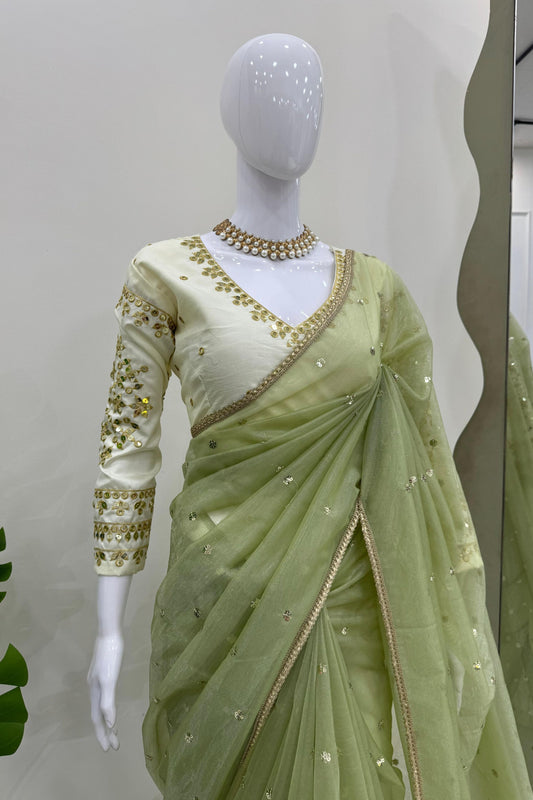 Olive Green Organza Silk Saree Sequin Embroidered Designer Blouse