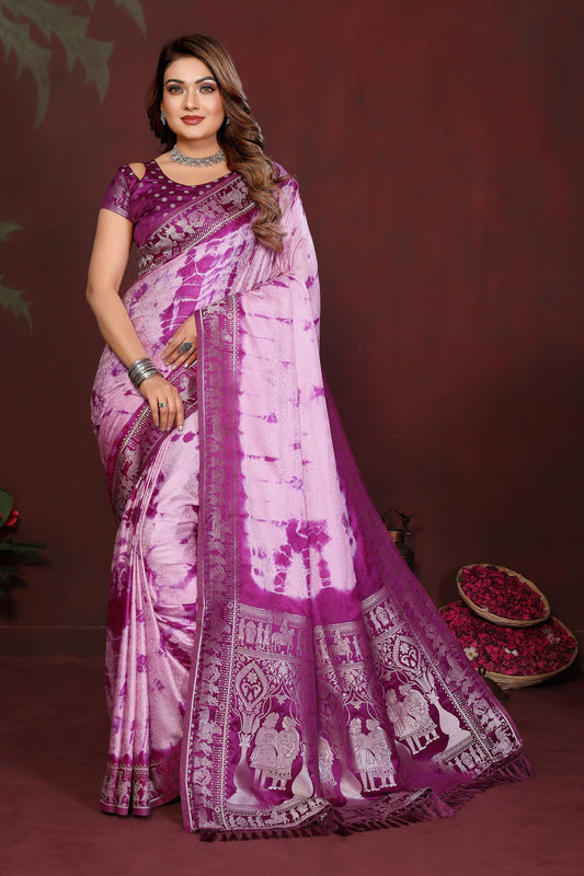 Purple Pink Tie-Dye Silk Saree with Silver Woven Border 