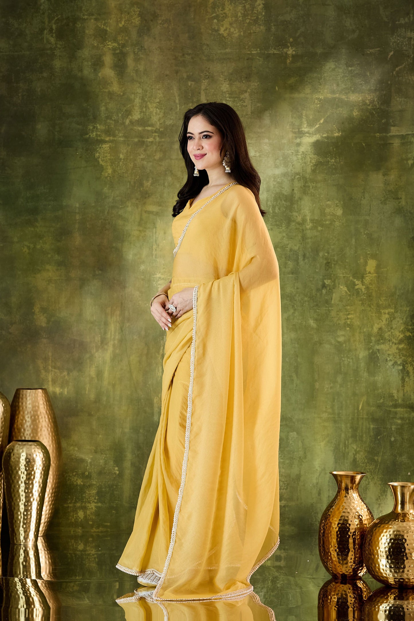 Yellow Georgette Ready To Wear Saree with Designer Lace Border