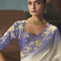 White Lavender Embroidered Saree with Zari Border Designer Saree