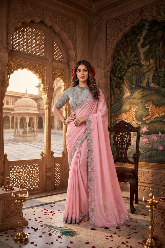  Pink Embroidered Saree with Silver Designer Border and Blouse 