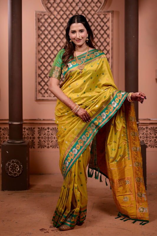 Yellow Silk Saree with Green Border Floral Zari Work Traditional Saree