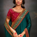 Teal Green Designer Saree Embroidered Border Contrast Blouse