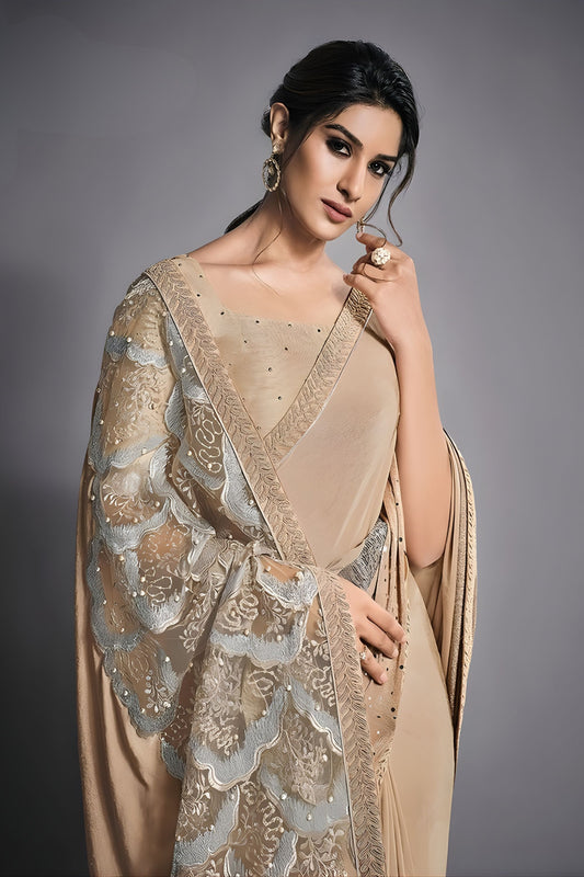 Beige Designer Georgette Saree with Sequin Work Metallic Border