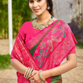 Green and Rani Pink Banarasi Silk Saree with Rich Zari Woven Border