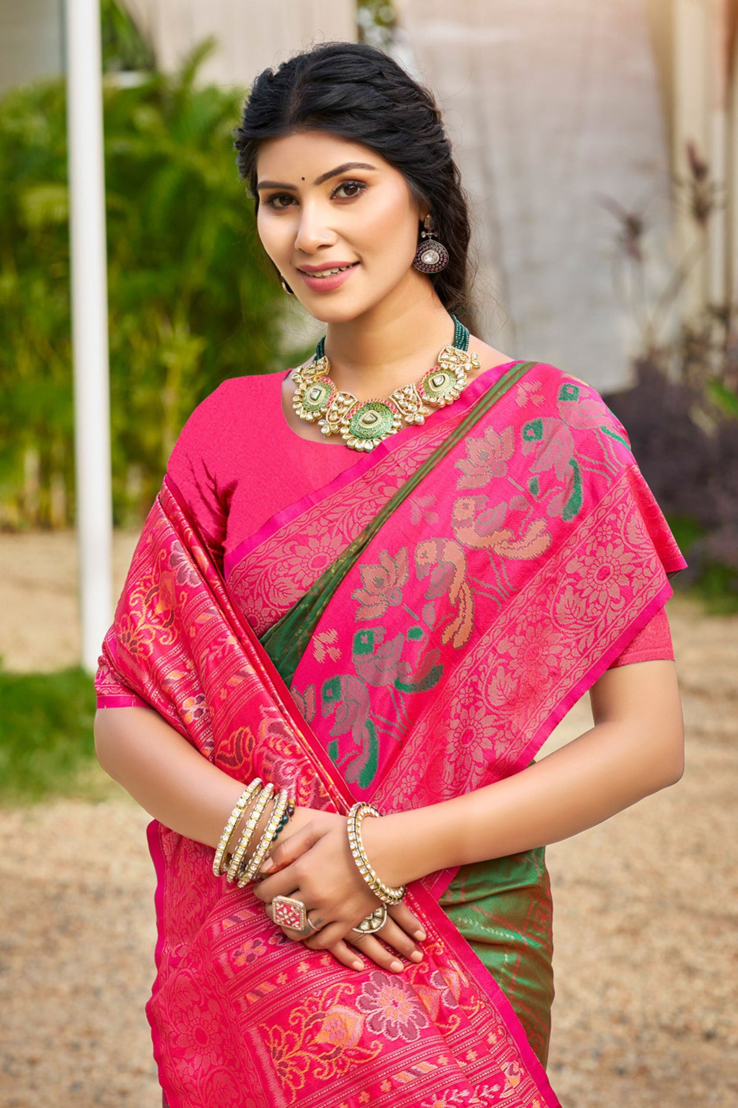 Green and Rani Pink Banarasi Silk Saree with Rich Zari Woven Border