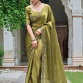 Olive Green Silk Saree Embroidered Border Designer Blouse