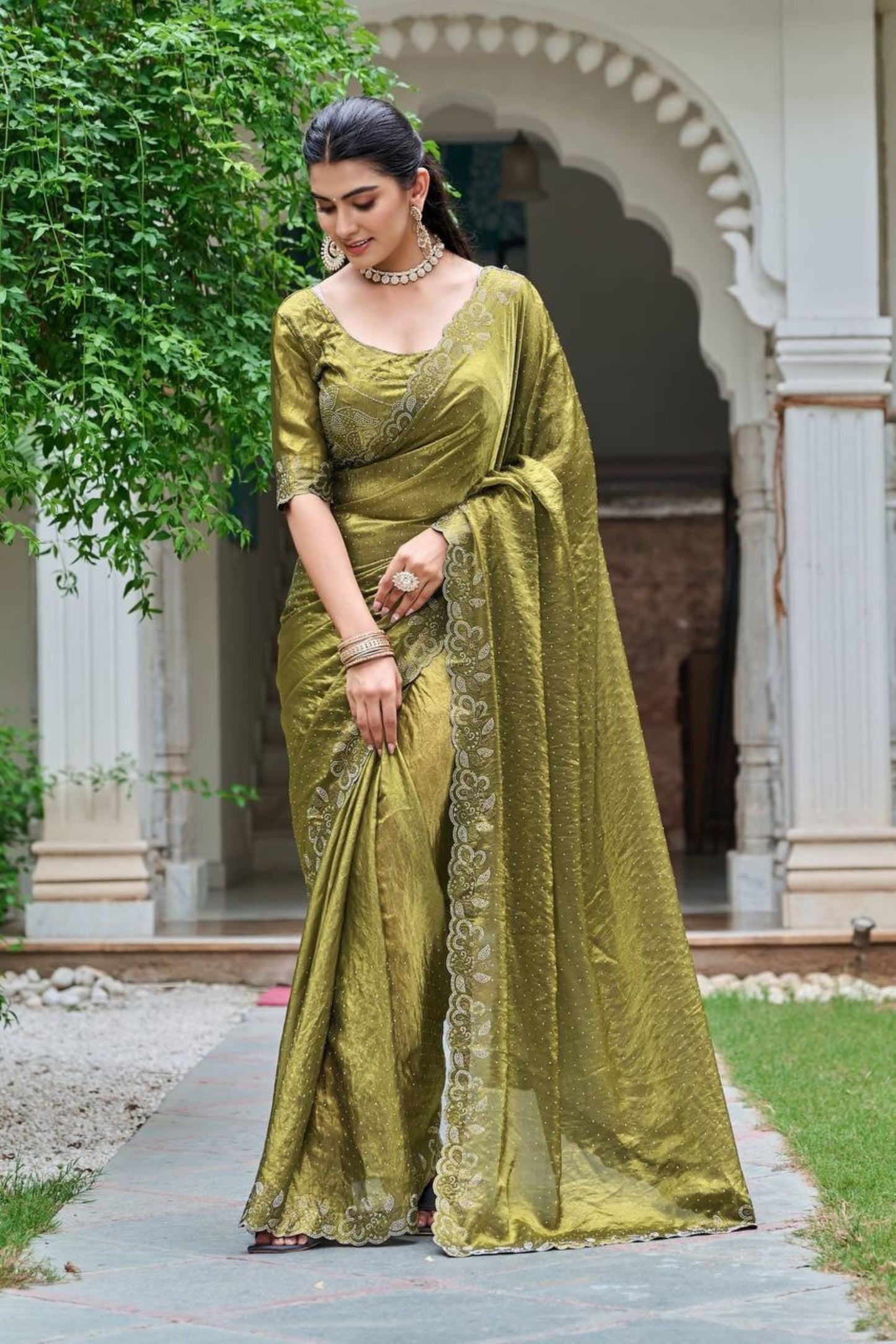 Olive Green Silk Saree Embroidered Border Designer Blouse