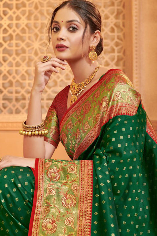 Elegant Green Banarasi Silk Saree Red Blouse Piece Perfect