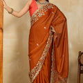 Rust Orange Embroidered Georgette Saree Heavy Floral Border Designer Blouse