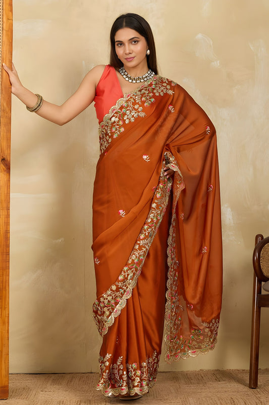 Rust Orange Embroidered Georgette Saree Heavy Floral Border Designer Blouse