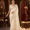 Designer Ivory Embroidered Silk Saree with Floral Border Matching Blouse